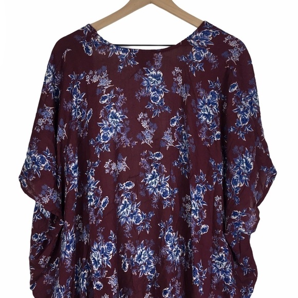 ANGIE Kimono Wrap Asymmetrical Floral Boho Oversized Burgundy Navy Size Medium - Picture 5 of 11